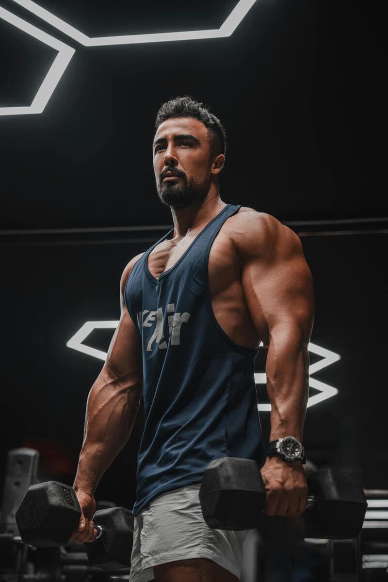 Sterke man tilt zware gewichten, symbool voor kracht en spieropbouw met anabolen pillen