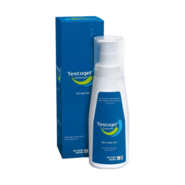 Afbeelding van een fles Androgel testosteron gel met het doosje, gebruikt voor testosteronvervanging bij mannen met lage testosteronspiegels.